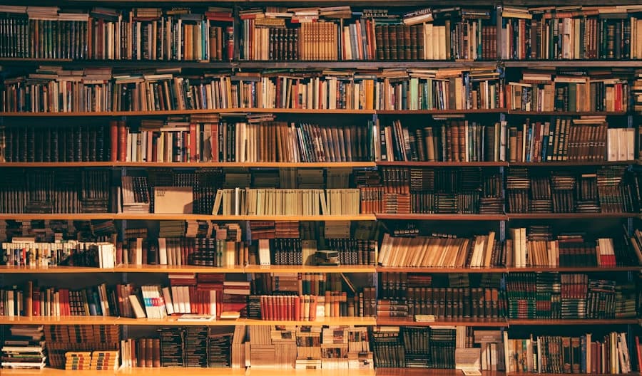 Shelves filled with colorful books in a library